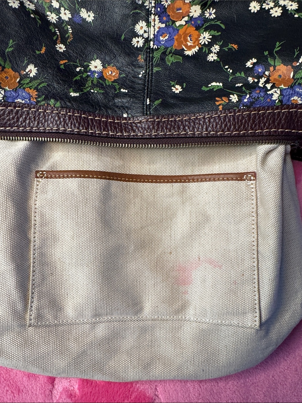 Coach Navy Floral Leather Satchel Pebbled Brown Trim Gunmetal Hardware - Picture 4 of 10